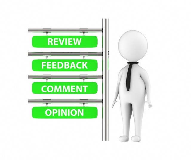 A figure in a tie standing next to a signpost with 'Review,' 'Feedback,' 'Comment,' and 'Opinion' labels.