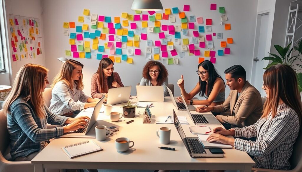 A collaborative team meeting in a creative workspace with laptops, notebooks, and coffee cups on the table.