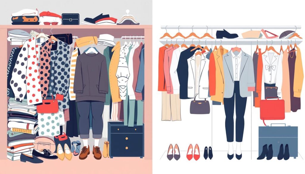 An illustration of two wardrobe styles: one cluttered and casual, the other neat and formal.