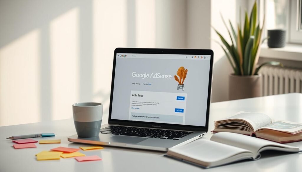 A laptop displaying Google AdSense setup page on a desk with books, sticky notes, a pen, and a coffee mug in a workspace.