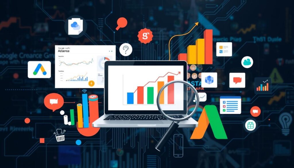 A laptop with rising graph, surrounded by digital marketing and analytics icons.