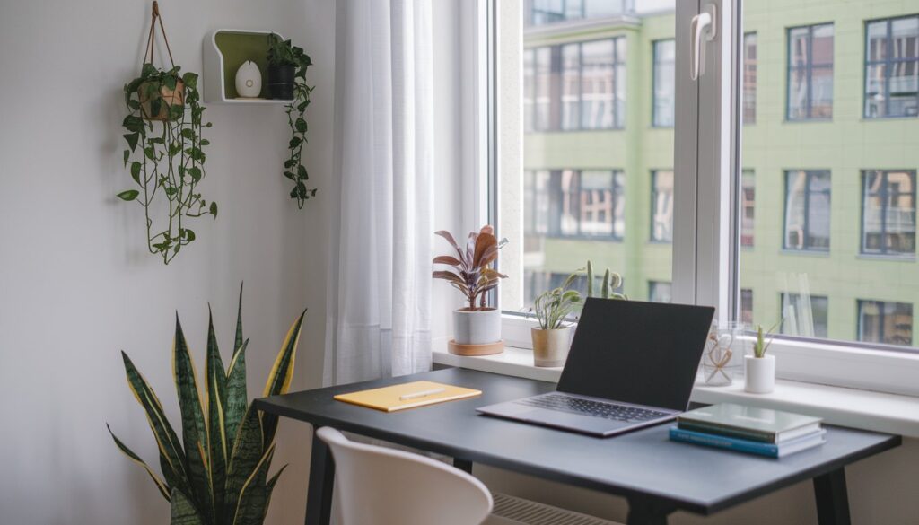 A minimalist home office setup with a black desk, laptop, notebooks, and indoor plants near a bright window.
