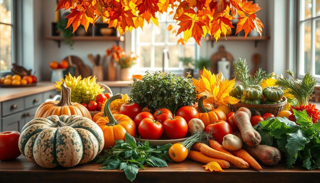 A vibrant autumn kitchen scene with pumpkins, tomatoes, carrots, and fresh herbs displayed on a wooden countertop.