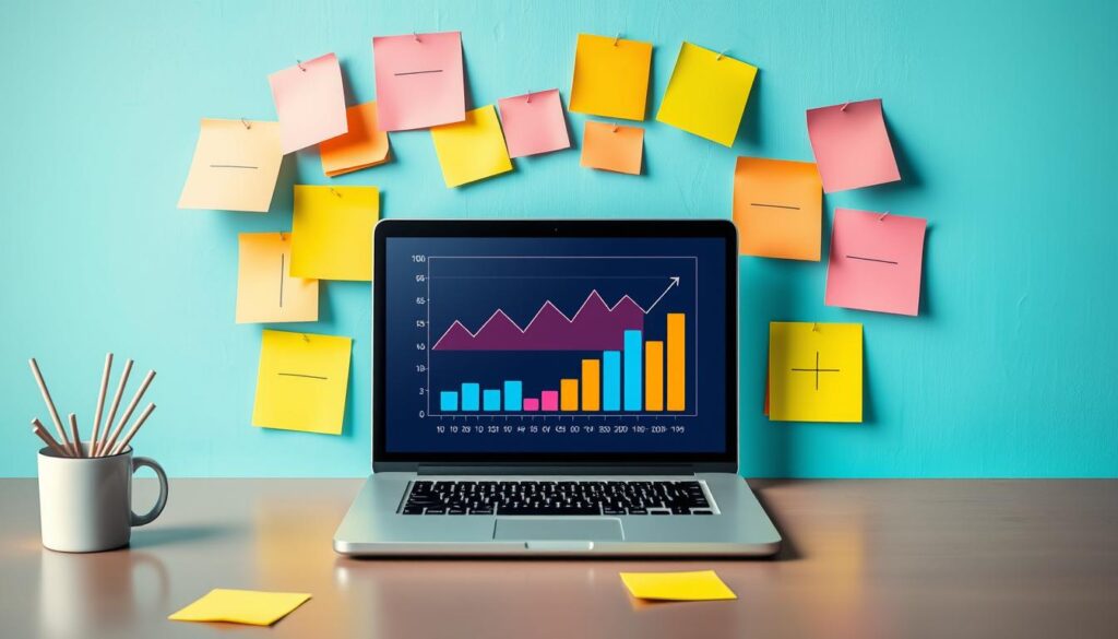 A laptop displaying a colorful bar and line graph, surrounded by sticky notes on a blue wall, with pencils in a cup on a desk.