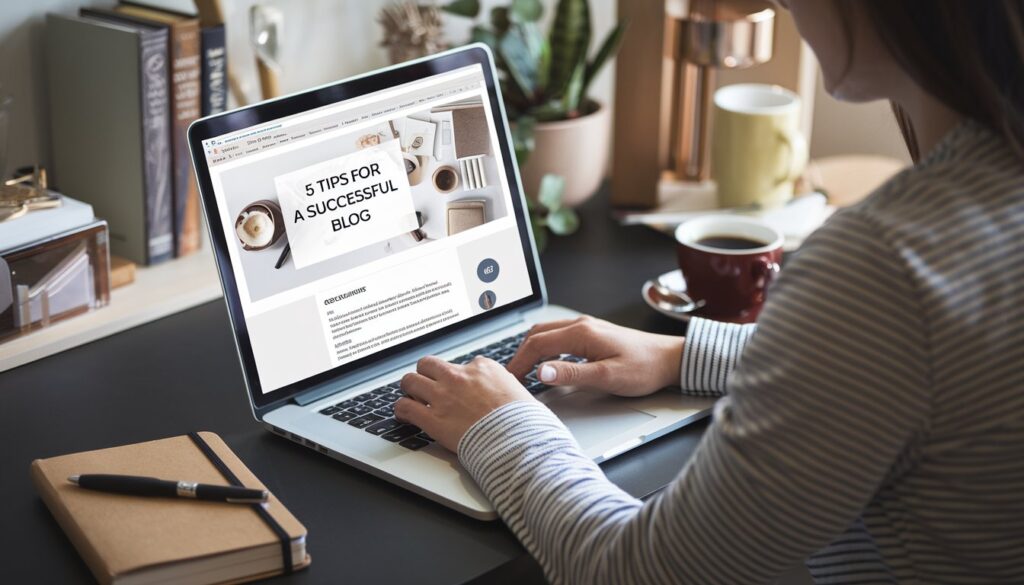 A person working on a laptop displaying a blog titled "5 Tips for a Successful Blog."