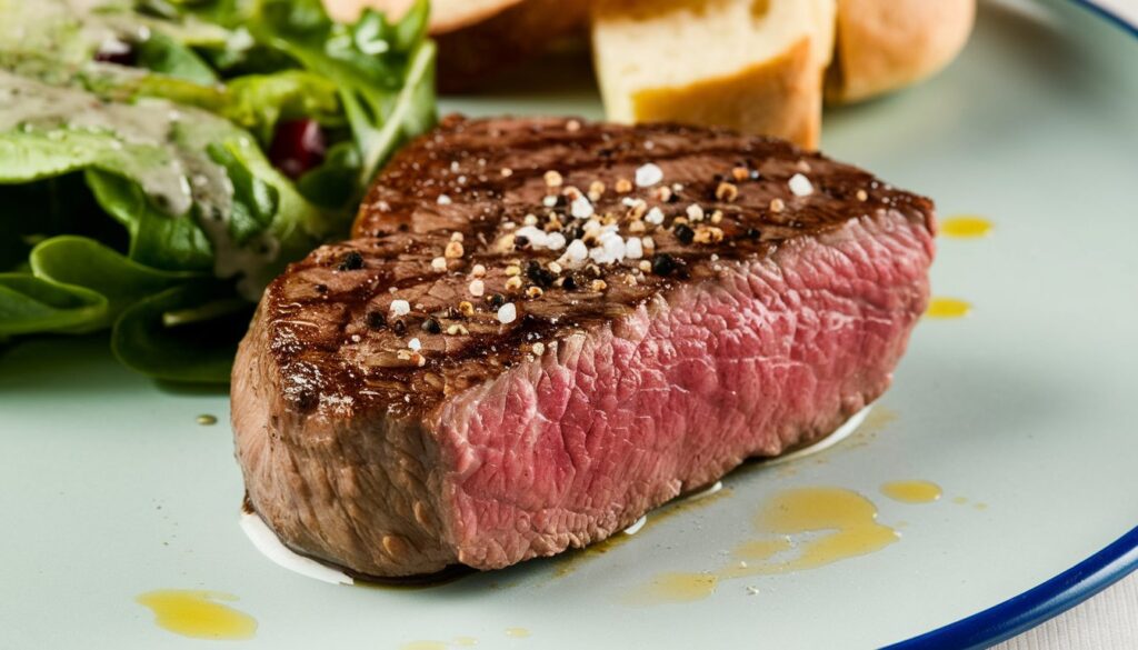 A medium-rare steak topped with salt and pepper, served with salad and bread.