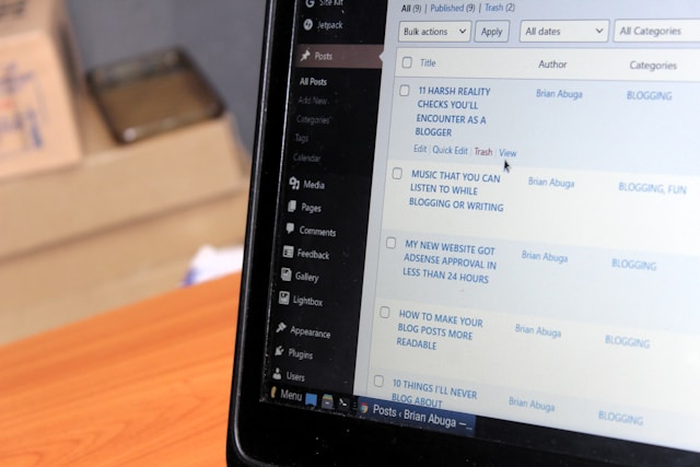 A computer screen displaying a WordPress dashboard with a list of blog posts and editing options.
