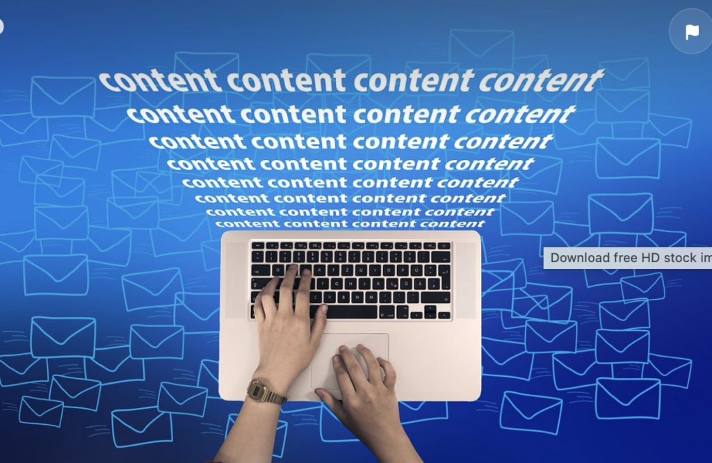 
Hands typing on a laptop with the word "content" repeatedly displayed, surrounded by envelope icons on a blue background.